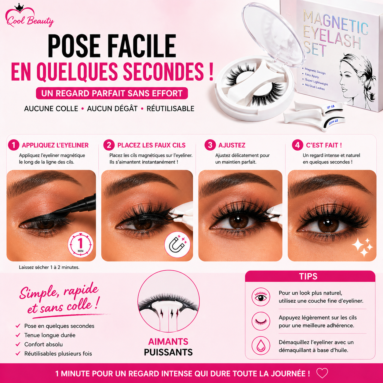 Cils Magnétiques réutilisable avec applicateur sans colle